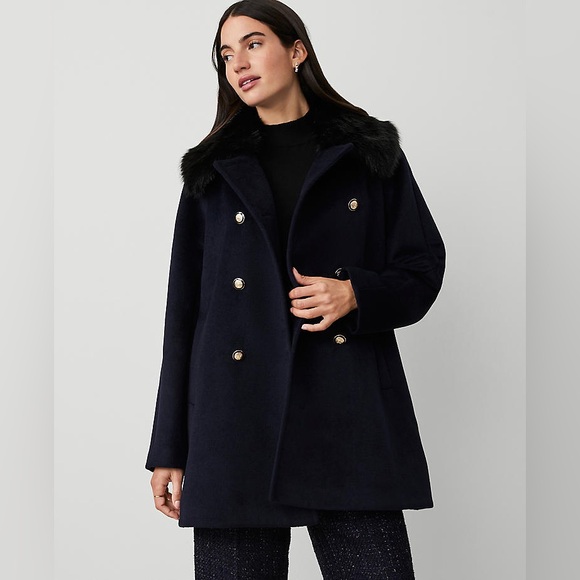 Ann Taylor Faux Fur Collar Double Breasted Swing Coat Wool Blend Large Petite - Picture 1 of 8